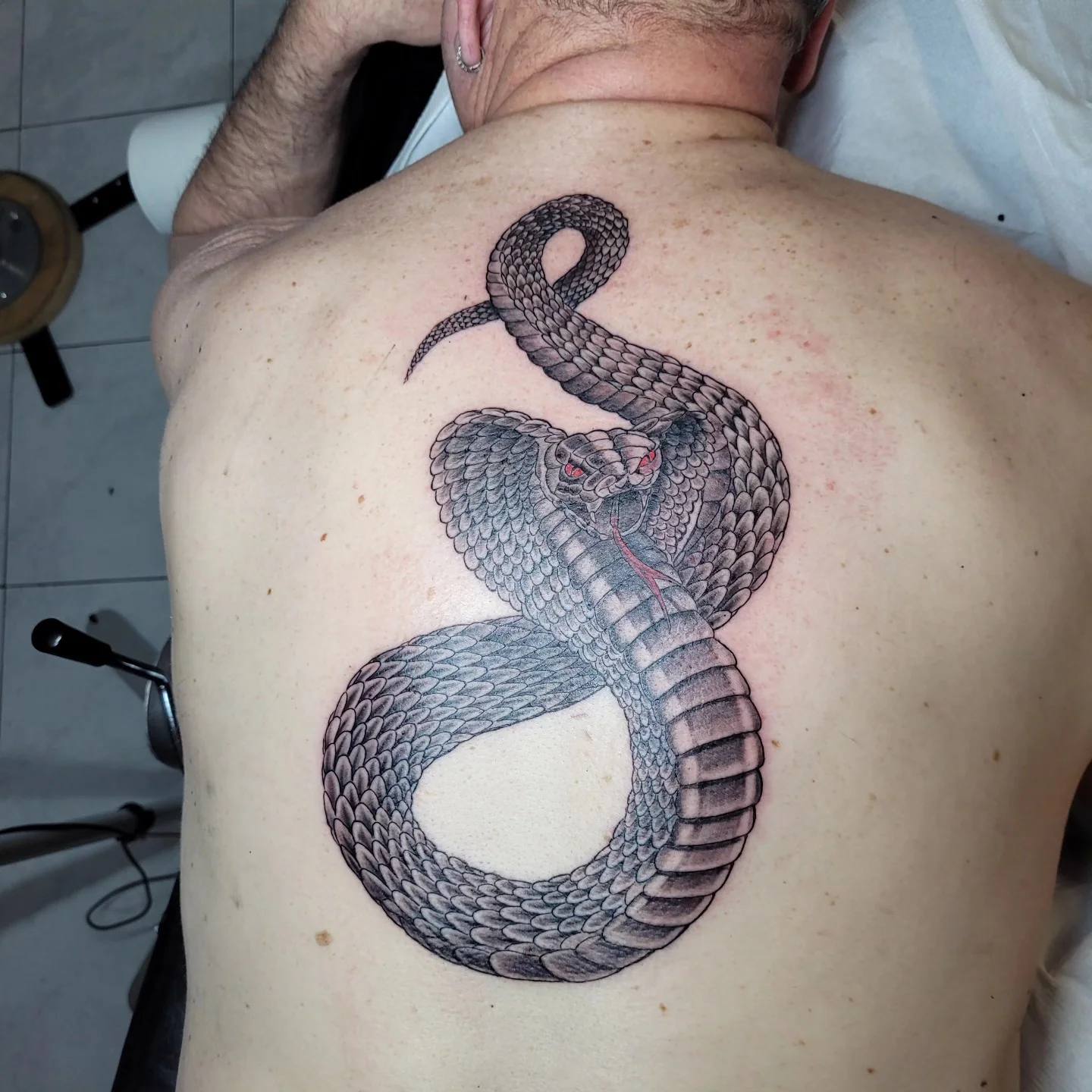Tatouage japonais d'un cobra enroulé sur le haut du dos en noir et gris avec langue rouge, réalisé par Jean-Marie Joullié au salon JMJ Tattoo à Sérignan près de Béziers