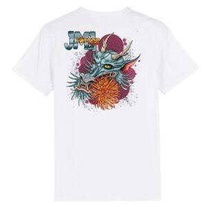 T-shirt unisexe 100% coton bio avec impression derrière :Dragonne et fleur de chrysanthème.