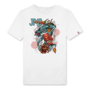 T-shirt homme 100% coton et fabriqué en francs avec impression devant: dragon et masque japonais.