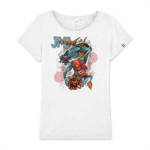 T-shirt femme 100% coton bio et fabriqué en francs avec impression devant: Dragon et masque japonais.