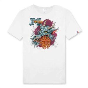 T-shirt homme 100% coton bio fabriqué en France : Dragonne et fleur de chrysanthuème.