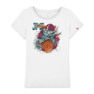 T-shirt Femme 100% coti bio et fabriqué en France avec impression devant: Dragonne et fleur de chrysanthème.