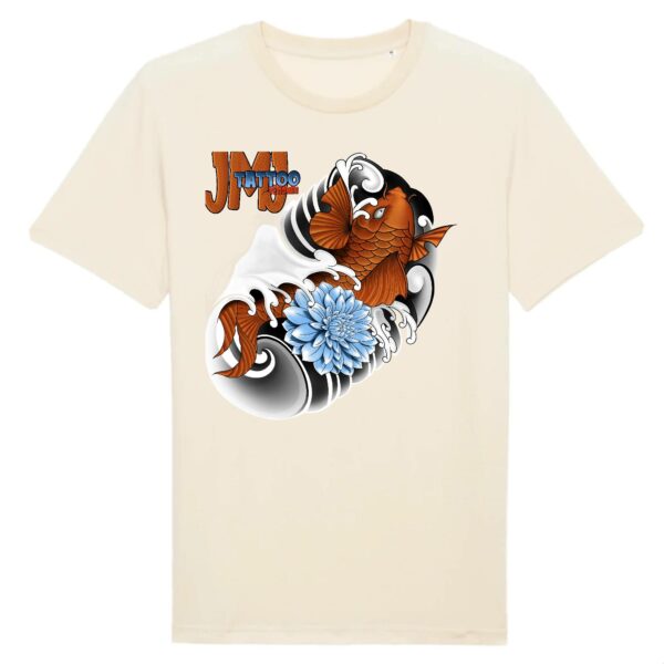 T-shirt unisexe 100% coton bio avec impression devant: Carpe koï et chrysanthème.