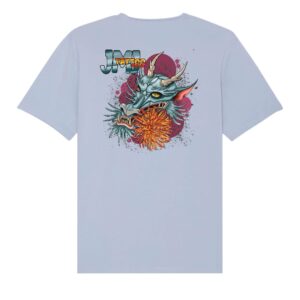 T-shirt unisexe 100%coton bio aspect vieilli avec impression derrière: Dragonne et fleur de chrysanthème.