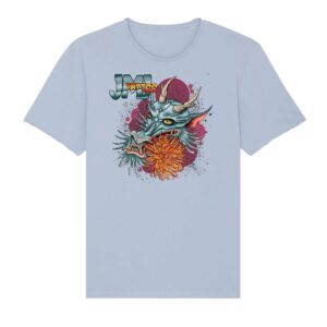 T-shirt Unisexe 100%coton bio aspect vieilli avec impression devant: Dragonne et fleur de chrysanthuème.