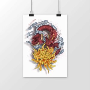 Création originale JMJTATTOO imprimée sur papier mat haut de gamme : Dragon et fleur de chrysanthème .