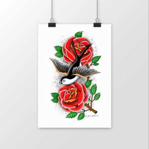 Création originale JMJTATTOO imprimée sur papier mat de qualité. Superieure: Roses et hirobelle Old School.ll